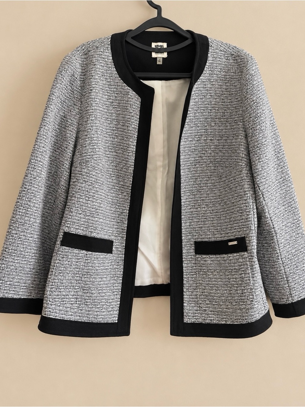 Anne Klein Black and White Tweed Collarless Jacket